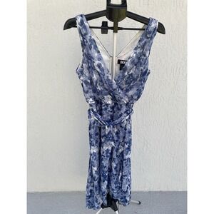 DKNY Ladies Dress Size 8 Sleeveless Blue white Floral High Low Belted Lined